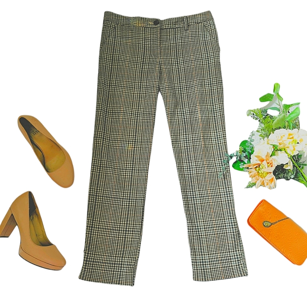 CAbi Women's Trousers Size 12 Dress Pants Slacks Plaid Herringbone Cream Black